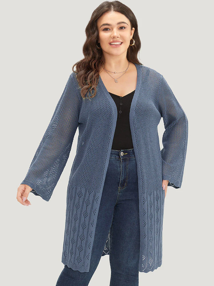 Solid Geometric Eyelet Open Front Cardigan - Image 4