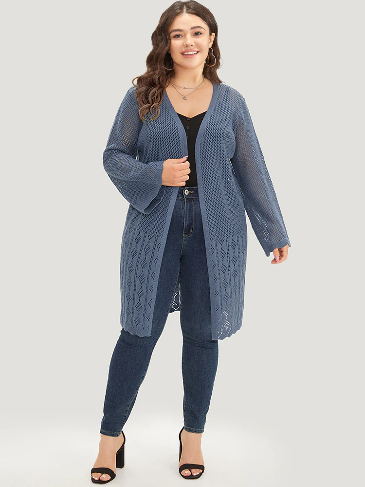Solid Geometric Eyelet Open Front Cardigan - Image 5