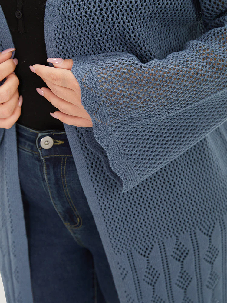 Solid Geometric Eyelet Open Front Cardigan - Image 7