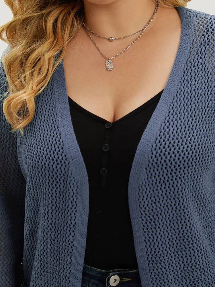 Solid Geometric Eyelet Open Front Cardigan - Image 8