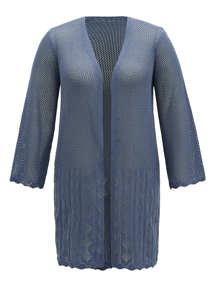 Solid Geometric Eyelet Open Front Cardigan - Image 9