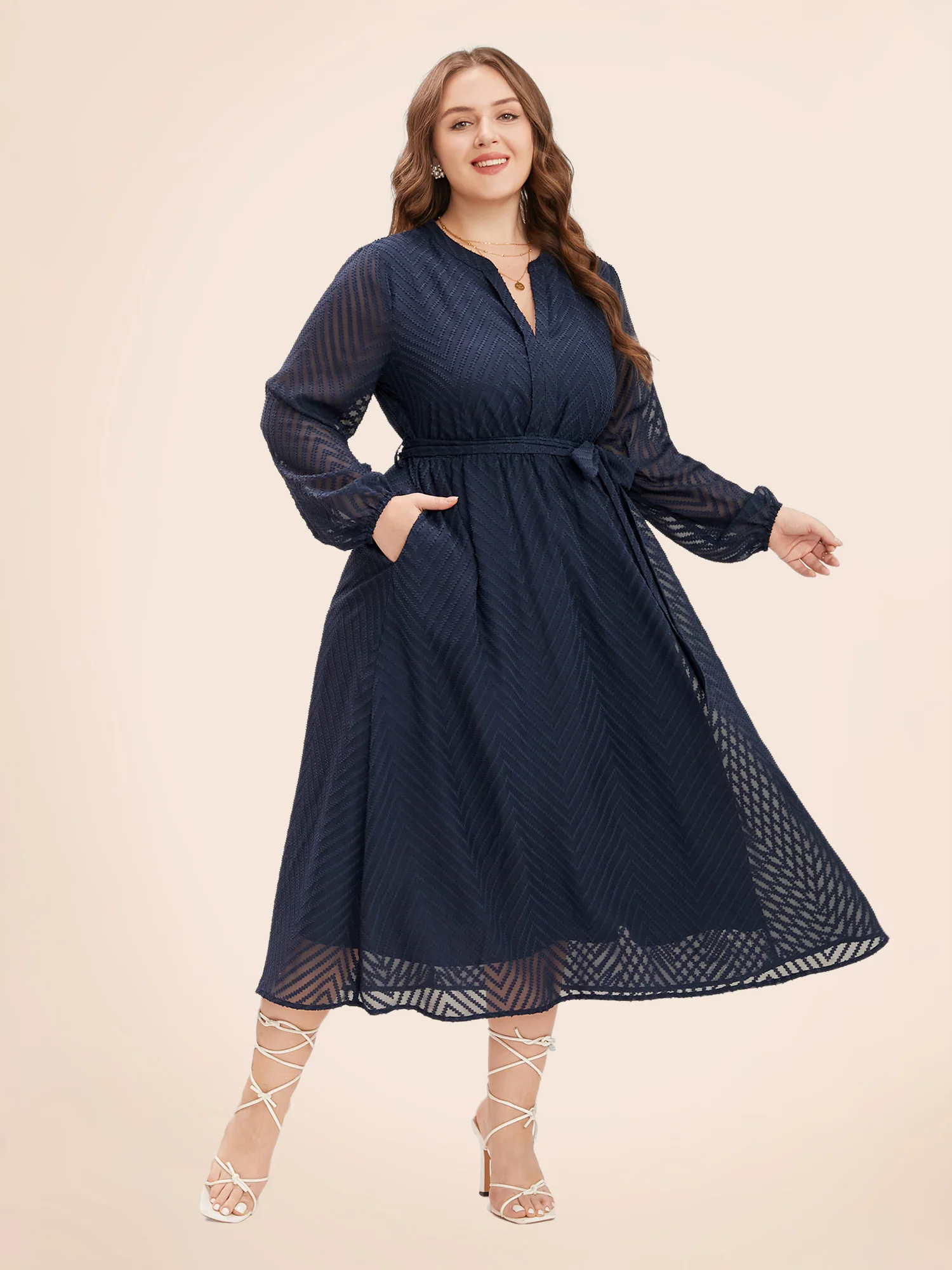Solid Geometric Pocket Mesh Lantern Sleeve Belted Dress - Image 3