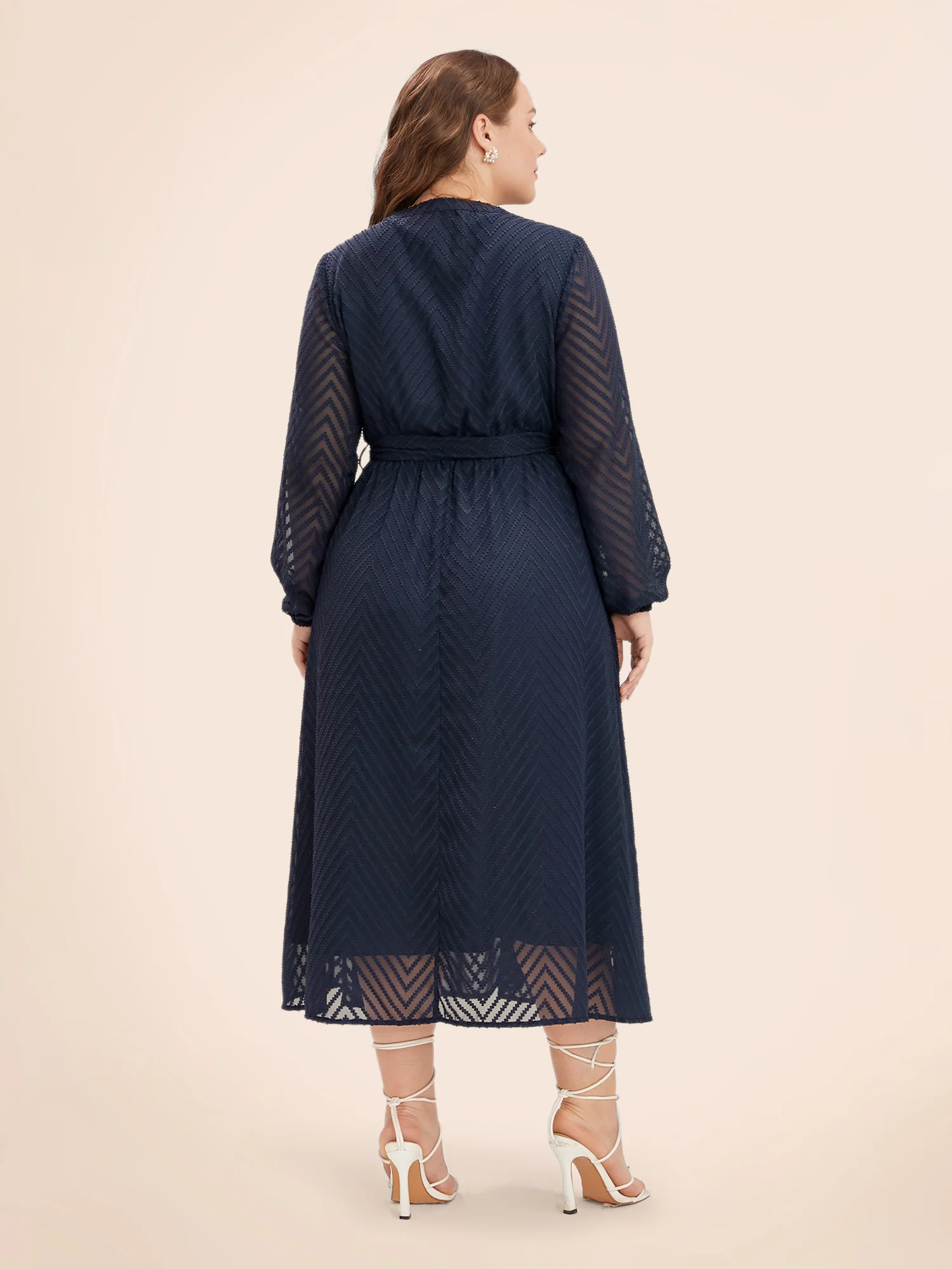 Solid Geometric Pocket Mesh Lantern Sleeve Belted Dress - Image 4
