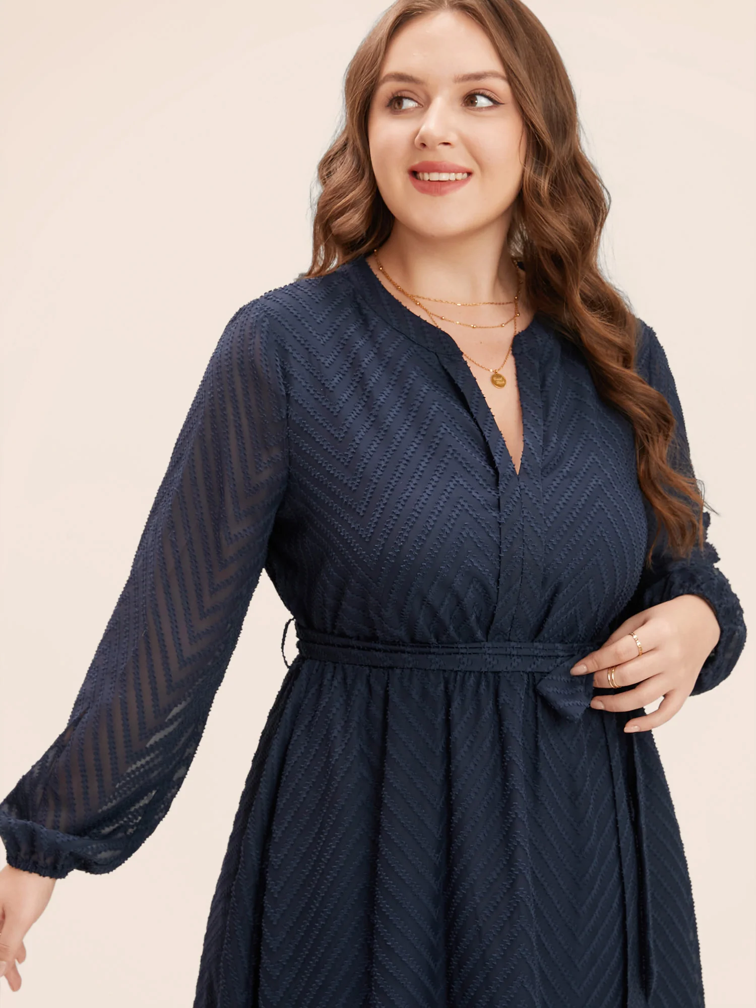 Solid Geometric Pocket Mesh Lantern Sleeve Belted Dress - Image 5
