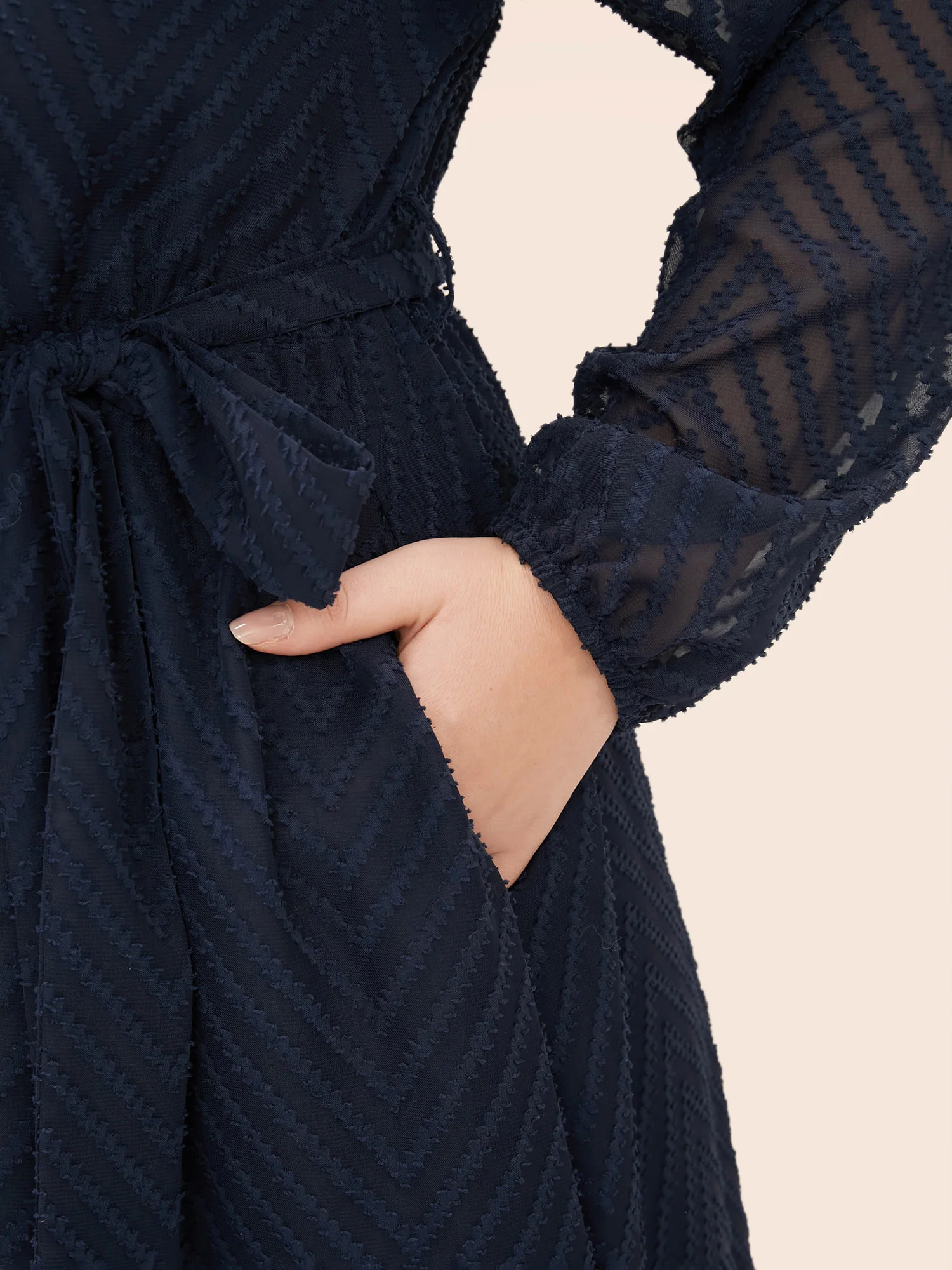 Solid Geometric Pocket Mesh Lantern Sleeve Belted Dress - Image 7