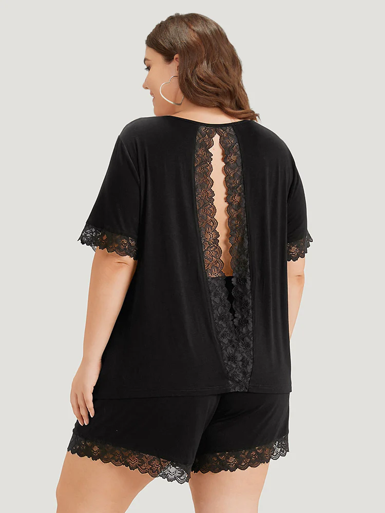 Guipure Open Back Lace Trim Pajama Top - Image 4