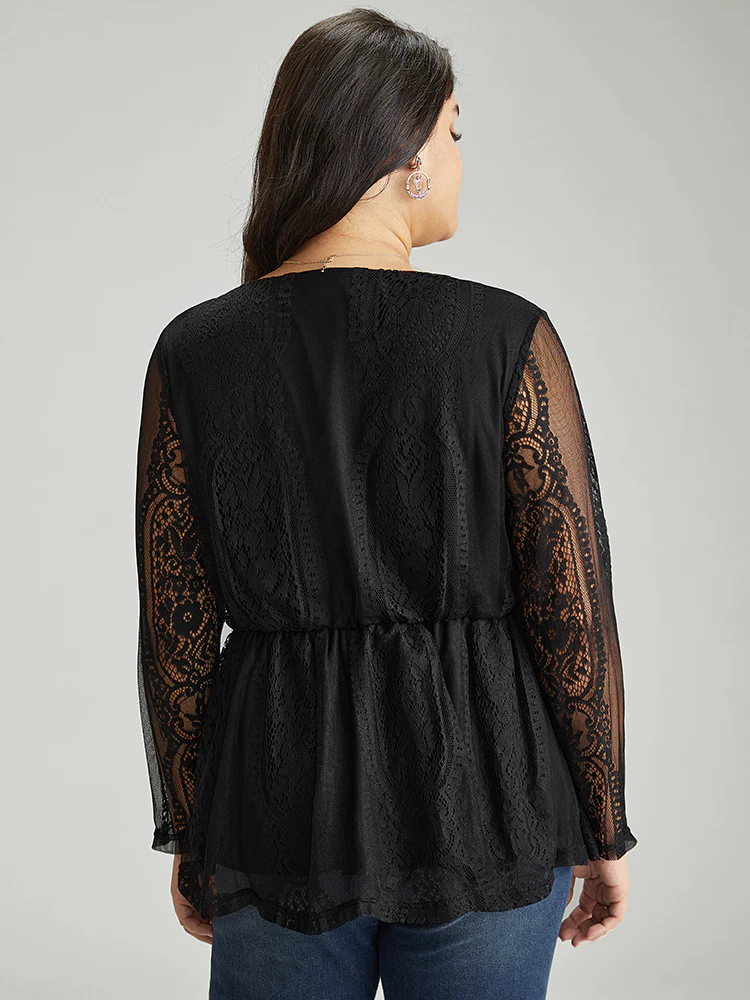 Solid Guipure Lace Mesh Elastic Waist Blouse - Image 2