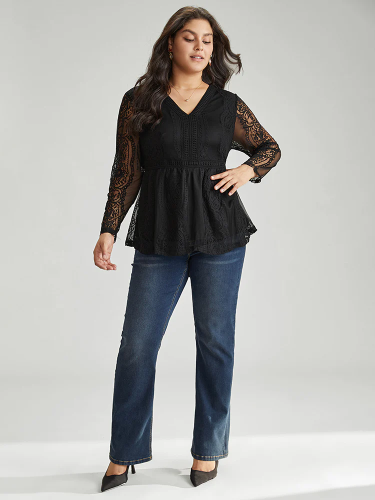 Solid Guipure Lace Mesh Elastic Waist Blouse - Image 4