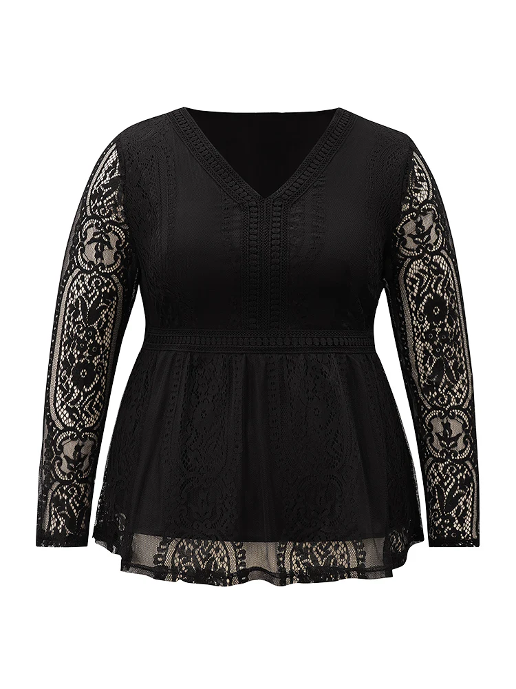 Solid Guipure Lace Mesh Elastic Waist Blouse - Image 5