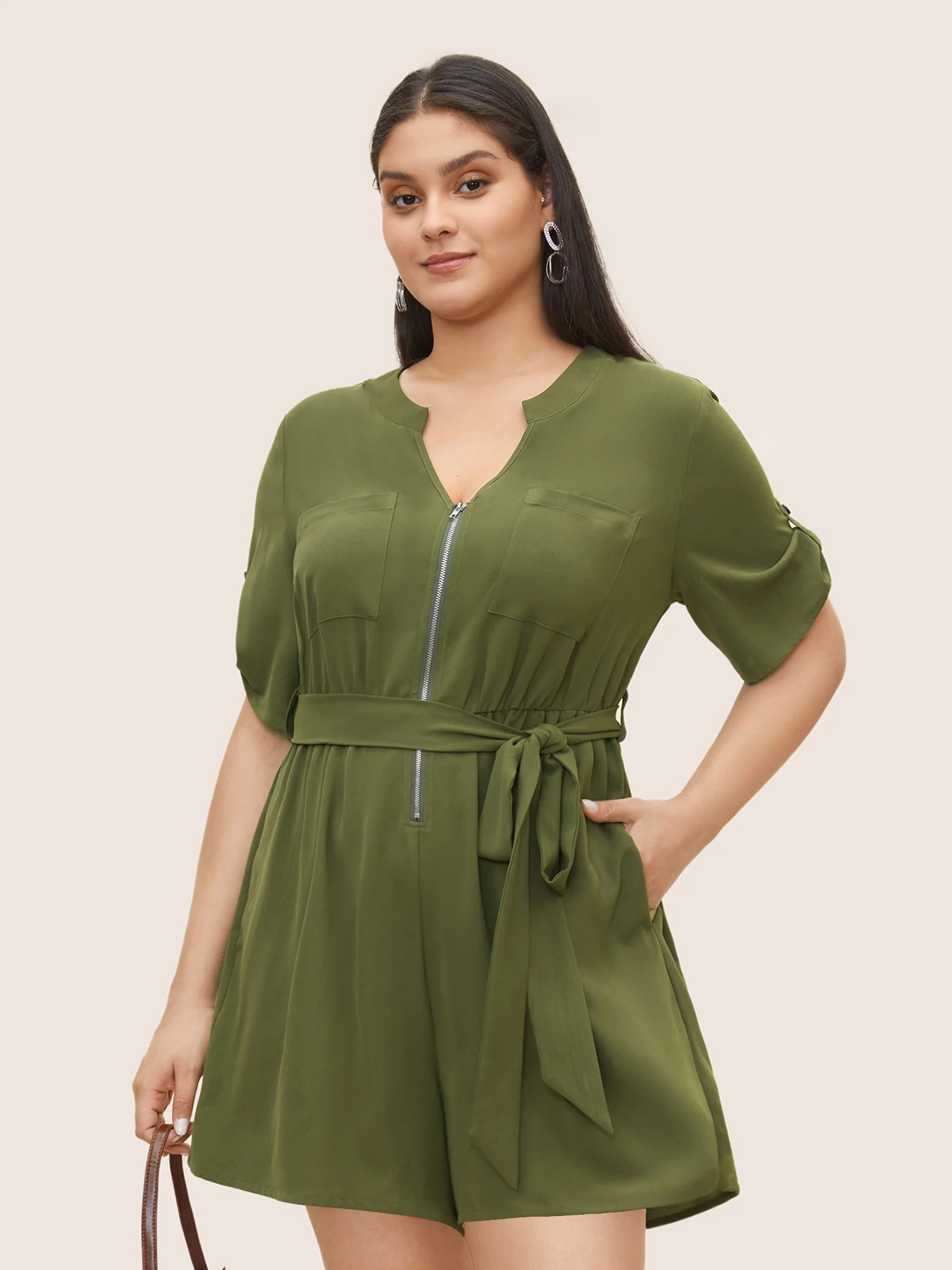 Solid Half Zip Belted Tab Sleeve Jumpsuit - Image 2