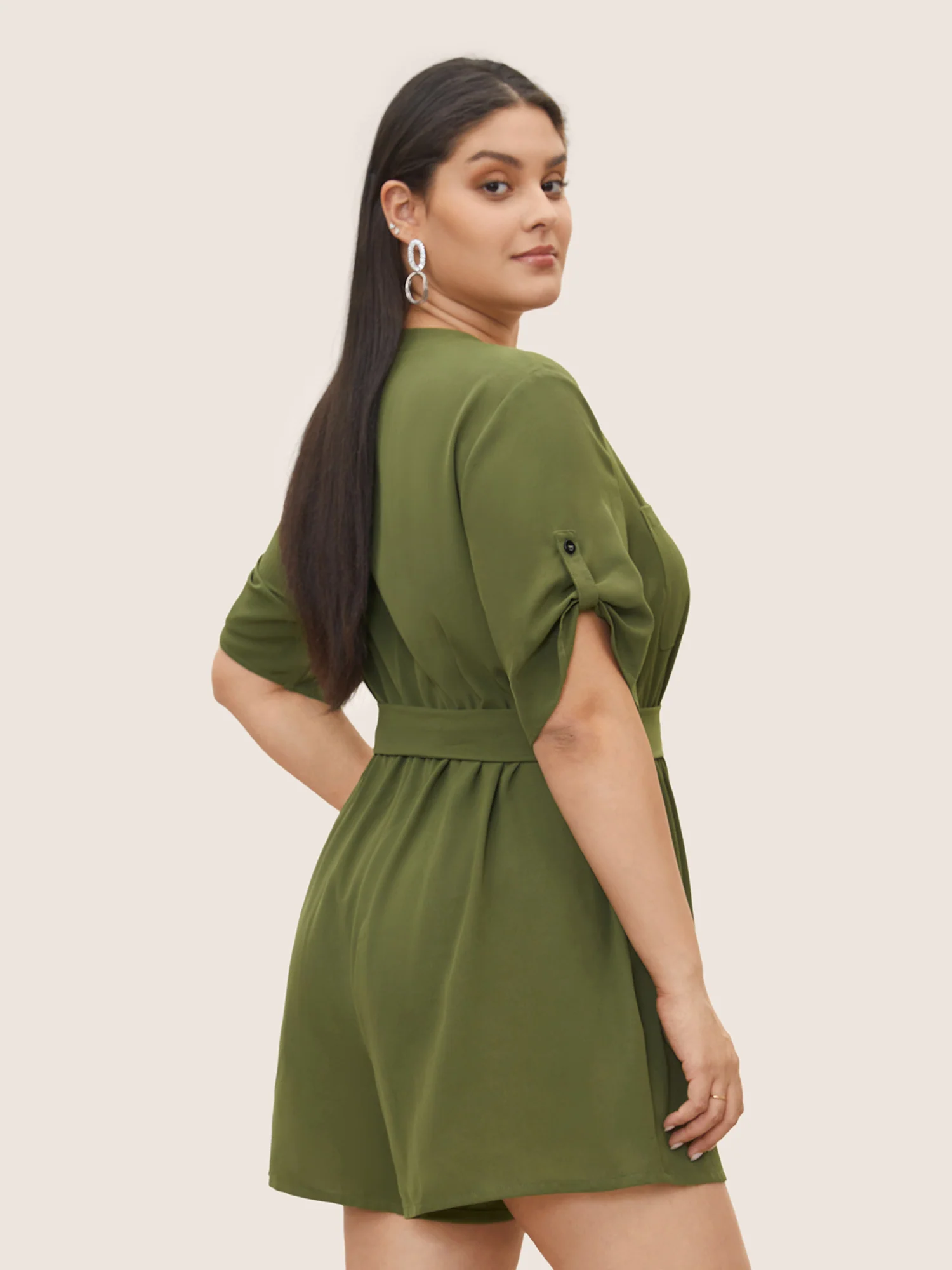 Solid Half Zip Belted Tab Sleeve Jumpsuit - Image 3