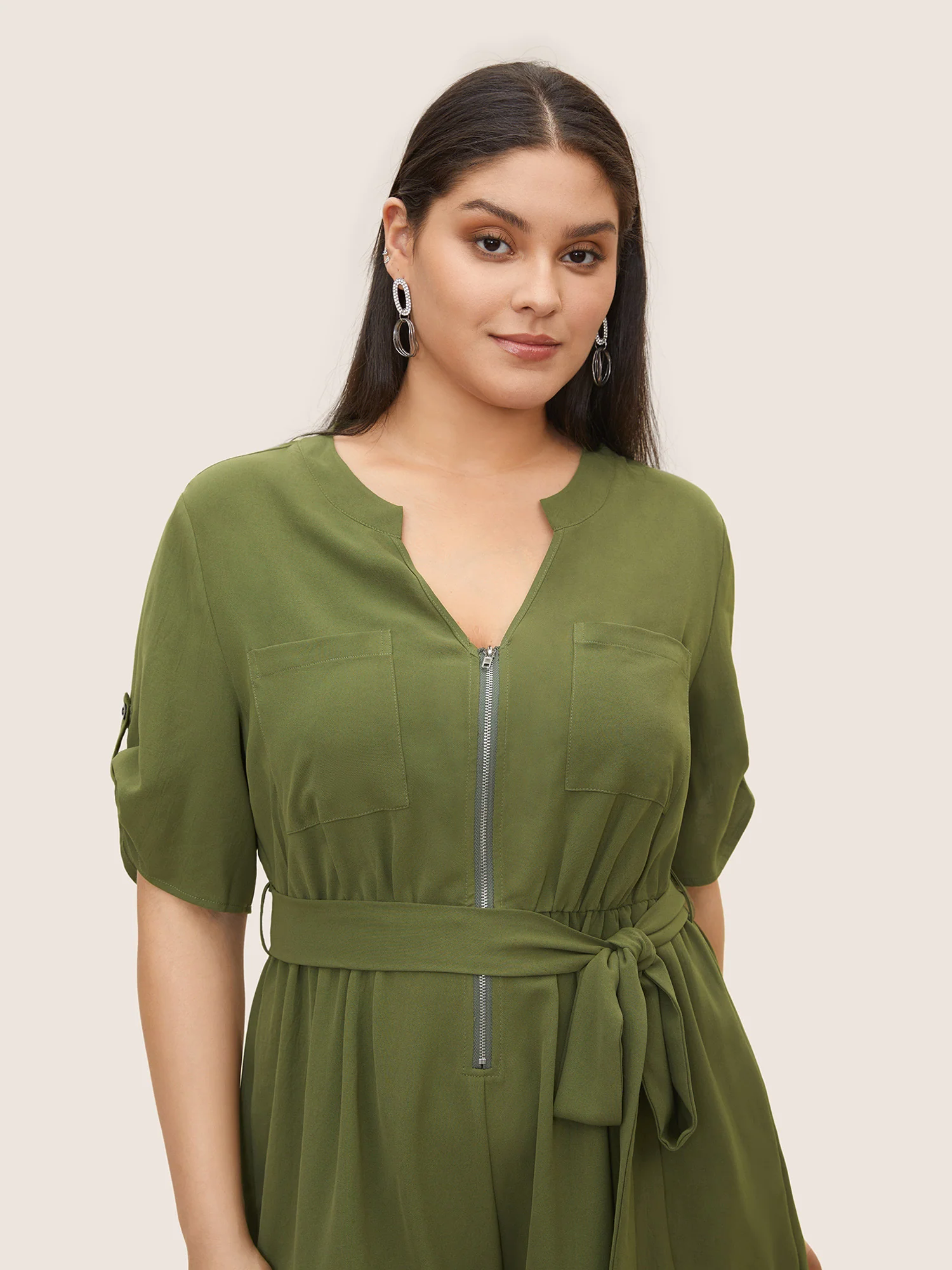 Solid Half Zip Belted Tab Sleeve Jumpsuit - Image 4