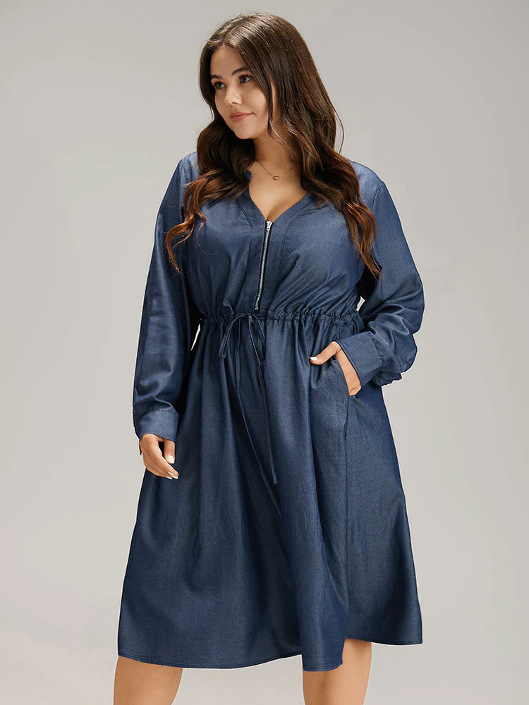 Denim Half Zip Drawstring Elastic Waist Dress - Image 2