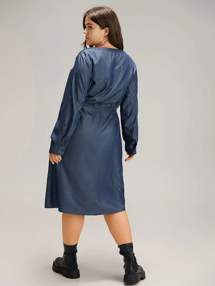 Denim Half Zip Drawstring Elastic Waist Dress - Image 3
