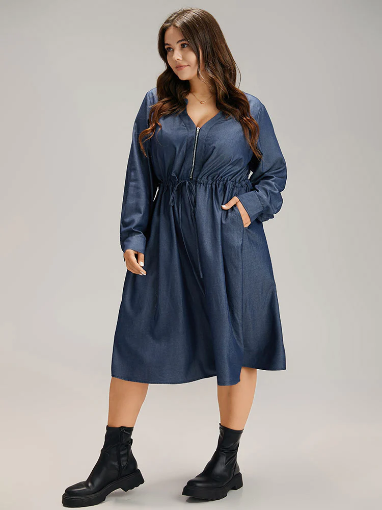 Denim Half Zip Drawstring Elastic Waist Dress - Image 4