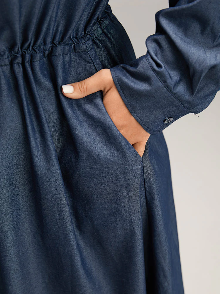 Denim Half Zip Drawstring Elastic Waist Dress - Image 6