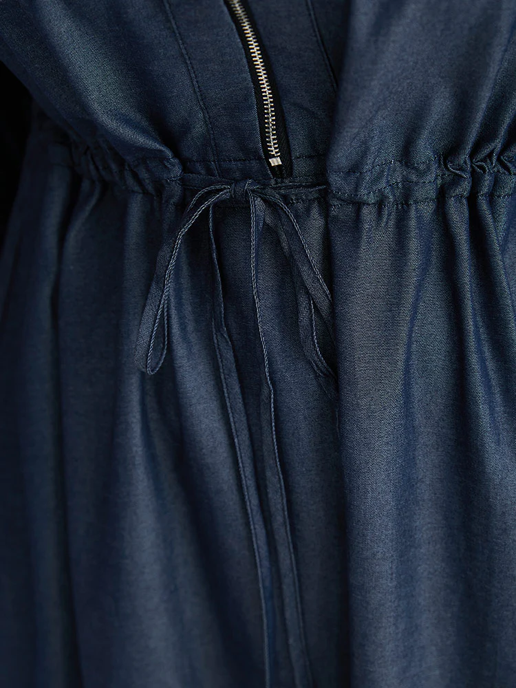 Denim Half Zip Drawstring Elastic Waist Dress - Image 7