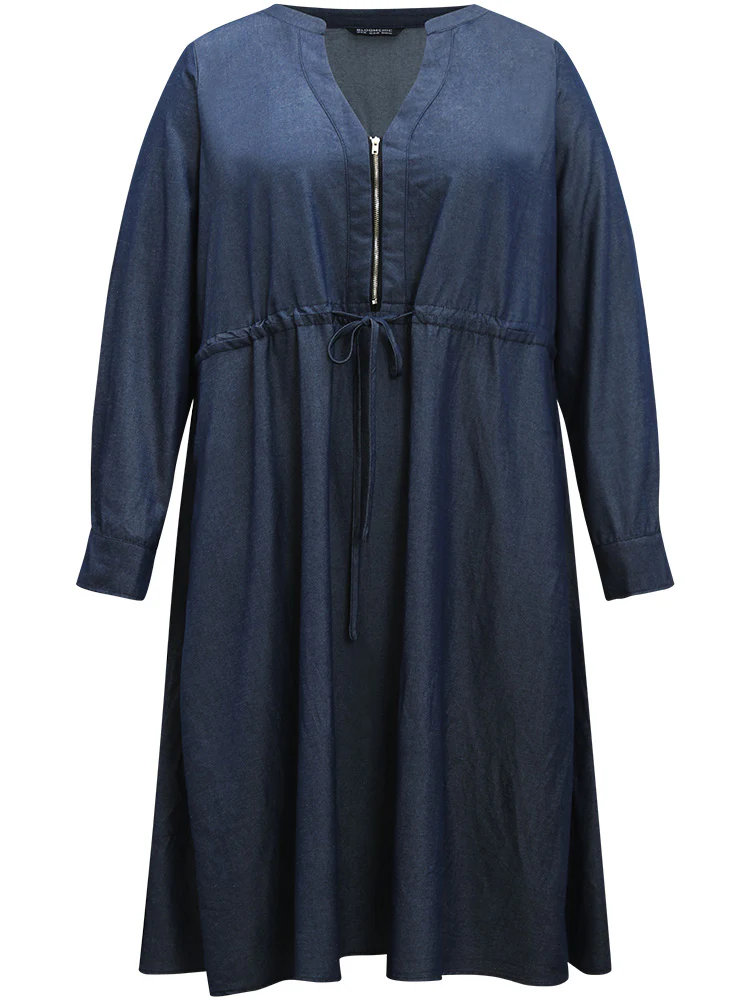 Denim Half Zip Drawstring Elastic Waist Dress - Image 8