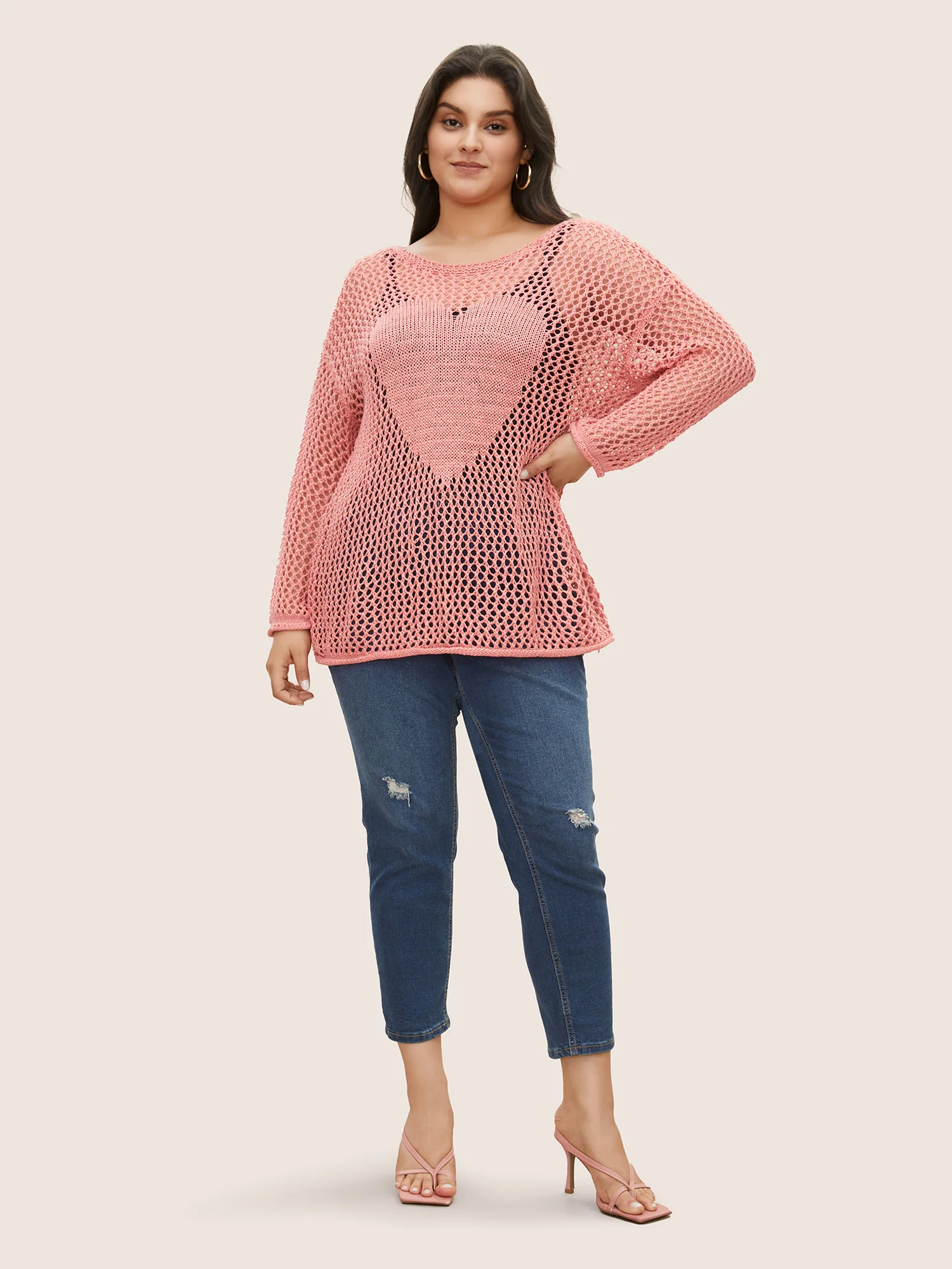 Solid Heart Cut Out See Through Pullover - Image 3