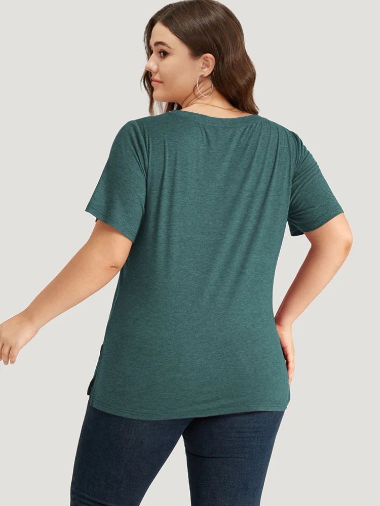 Solid Heart Rhinestone V Neck T-shirt - Image 2