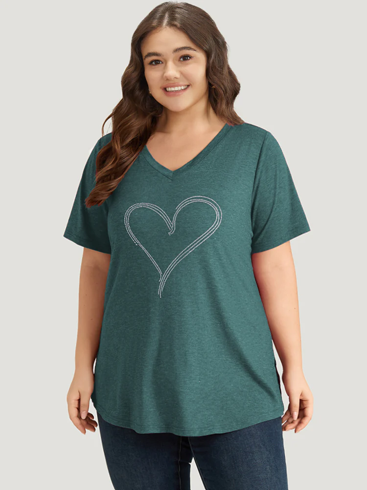 Solid Heart Rhinestone V Neck T-shirt - Image 3