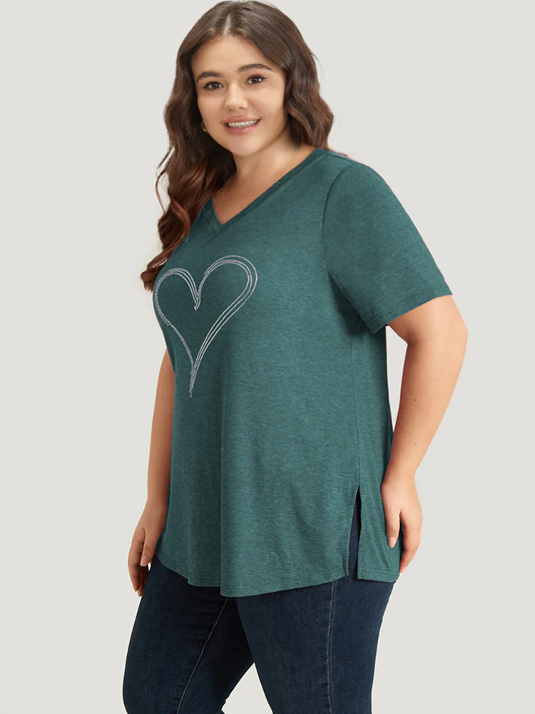 Solid Heart Rhinestone V Neck T-shirt - Image 4