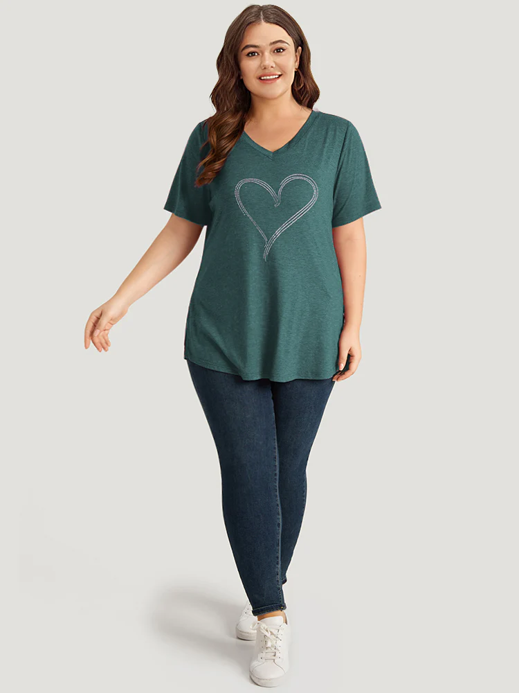 Solid Heart Rhinestone V Neck T-shirt - Image 5