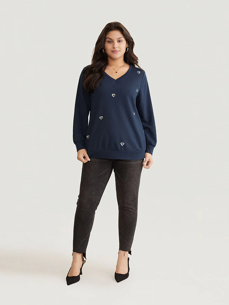 Solid Heart Sequin V Neck Sweatshirt - Image 3
