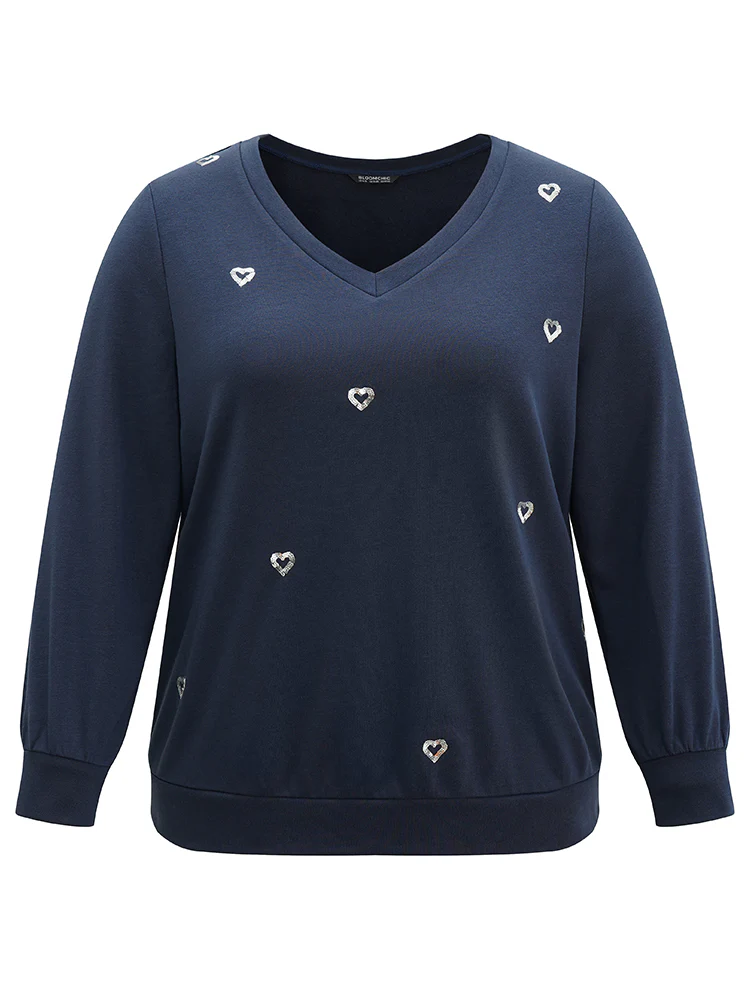 Solid Heart Sequin V Neck Sweatshirt - Image 5