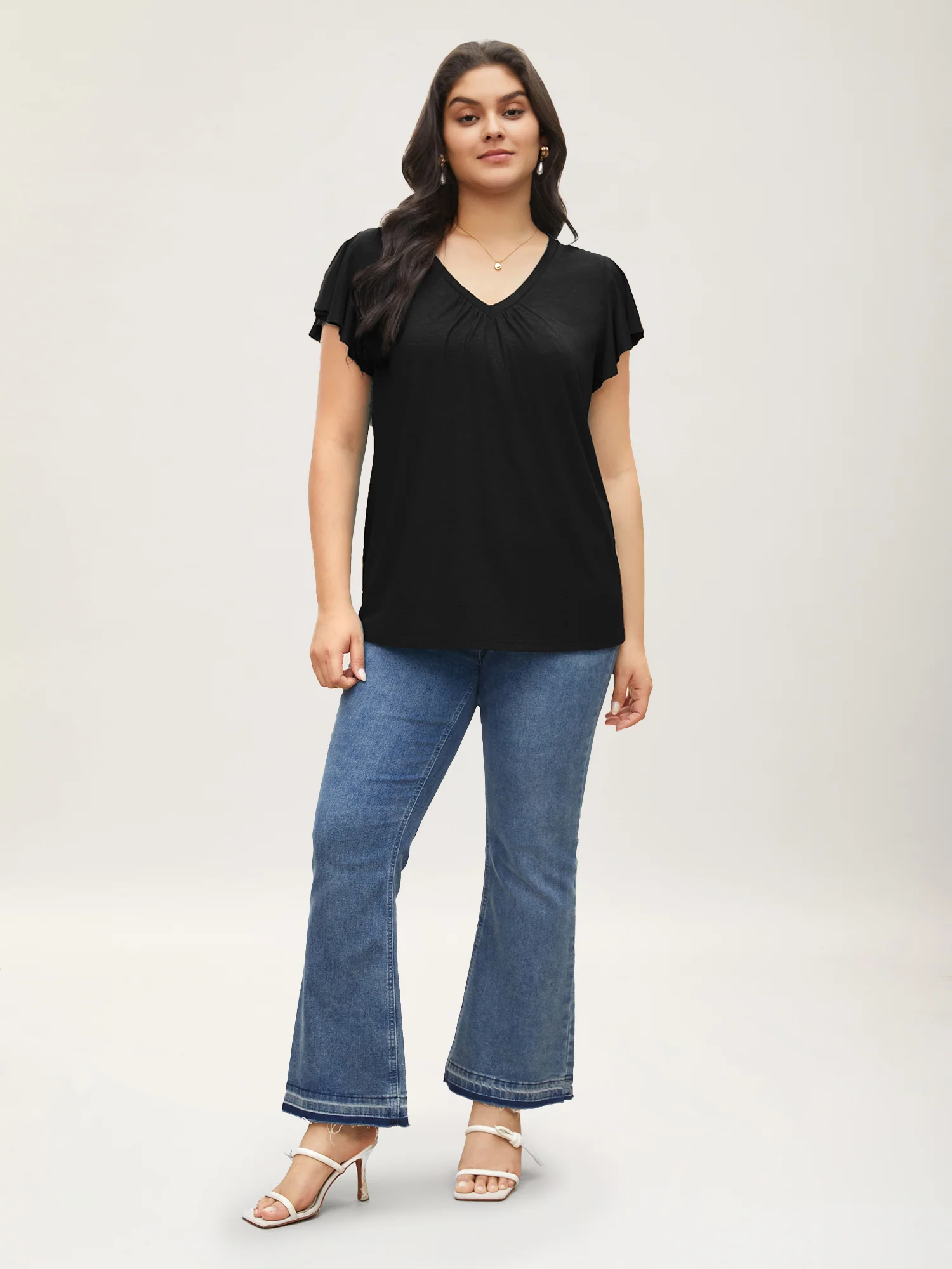 Solid Heather Gathered Ruffle Sleeve T-shirt - Image 3
