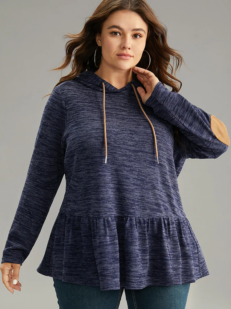 Solid Heather Hooded Flutter Hem Gathered Sweatshirt