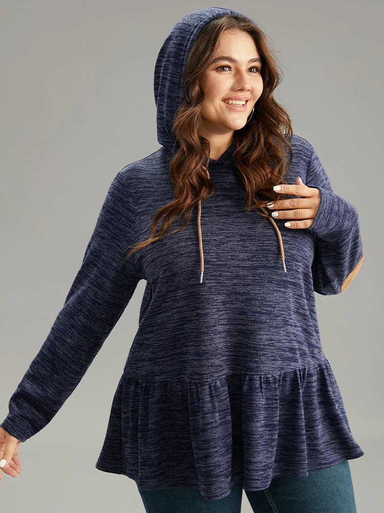 Solid Heather Hooded Flutter Hem Gathered Sweatshirt - Image 3