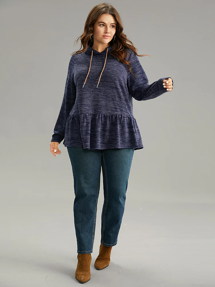 Solid Heather Hooded Flutter Hem Gathered Sweatshirt - Image 4
