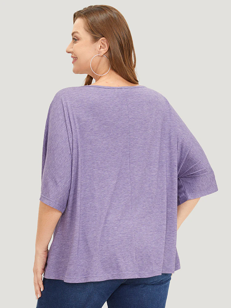 Solid Heather Keyhole Neck Dolman Sleeve T-shirt - Image 2