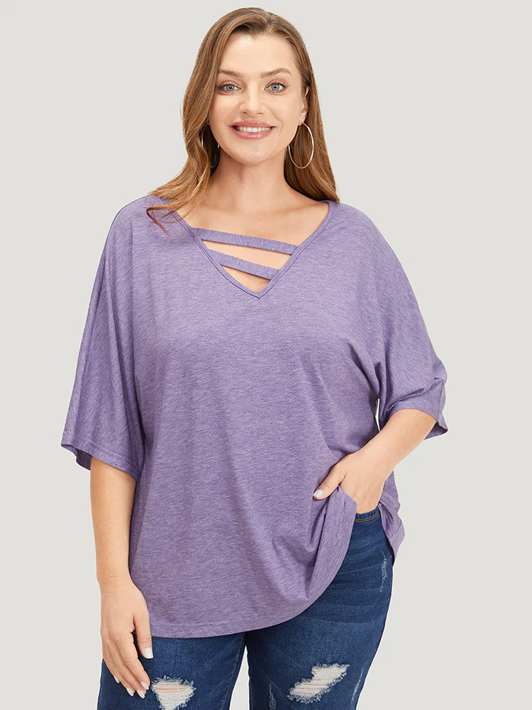 Solid Heather Keyhole Neck Dolman Sleeve T-shirt - Image 3