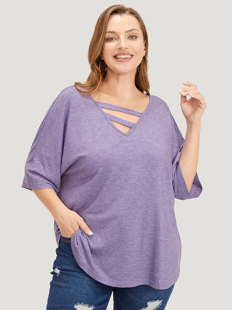 Solid Heather Keyhole Neck Dolman Sleeve T-shirt - Image 4