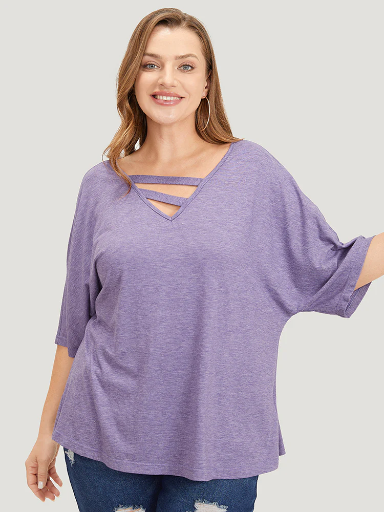 Solid Heather Keyhole Neck Dolman Sleeve T-shirt - Image 5