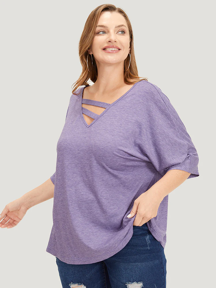 Solid Heather Keyhole Neck Dolman Sleeve T-shirt - Image 6
