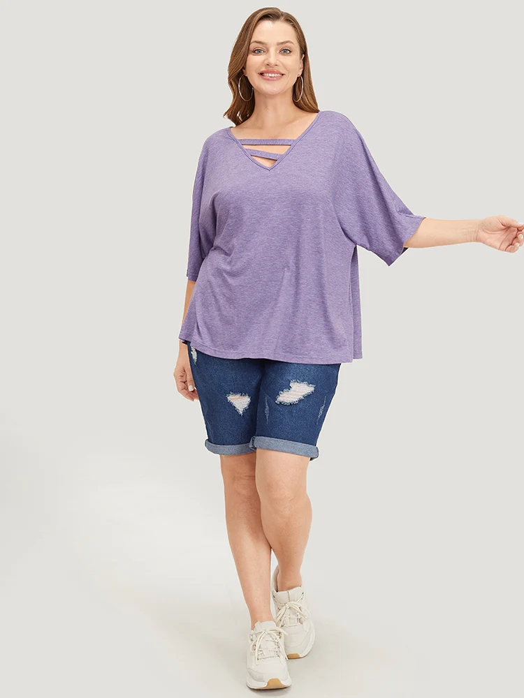 Solid Heather Keyhole Neck Dolman Sleeve T-shirt - Image 7