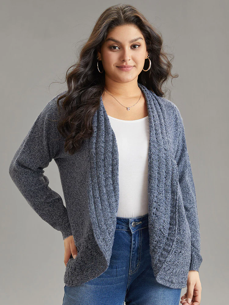 Solid Heather Lapel Collar Arc Hem Cardigan - Image 3