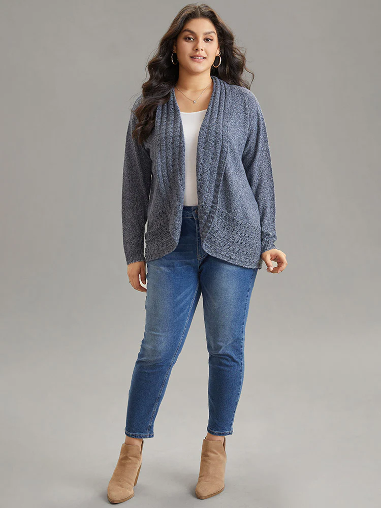 Solid Heather Lapel Collar Arc Hem Cardigan - Image 4