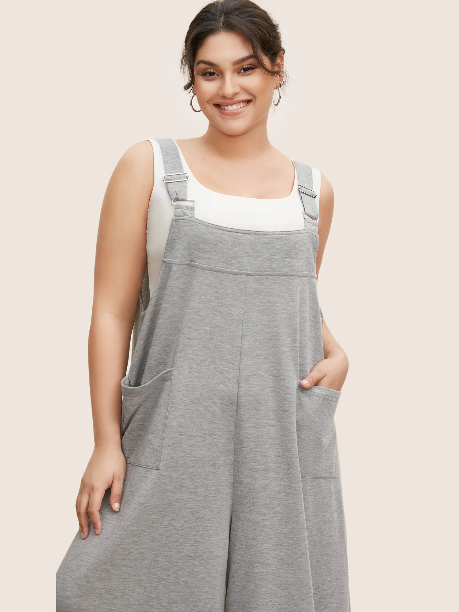 Solid Heather Patched Pocket Wide Leg Jumpsuit - Image 2