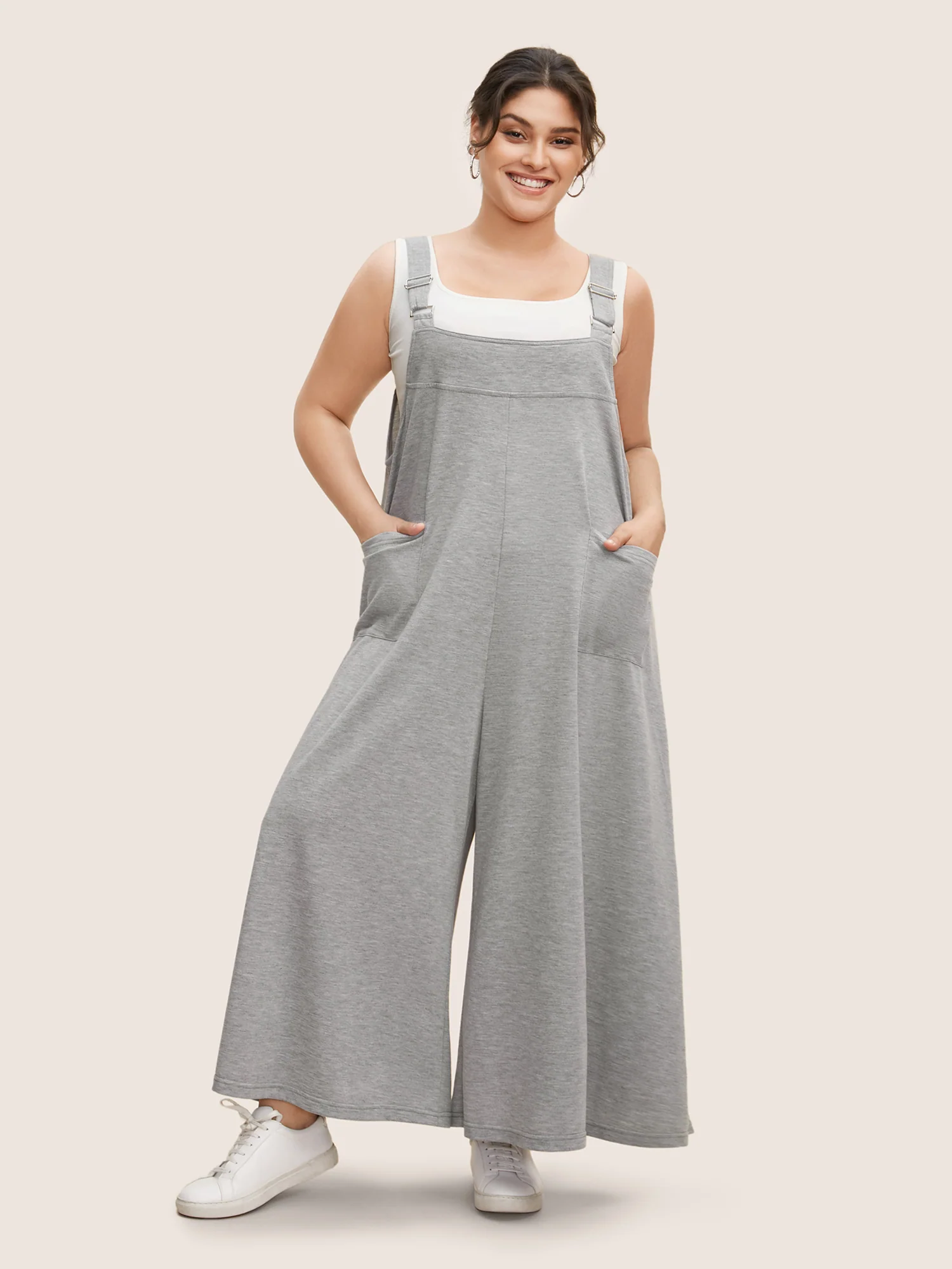 Solid Heather Patched Pocket Wide Leg Jumpsuit - Image 3