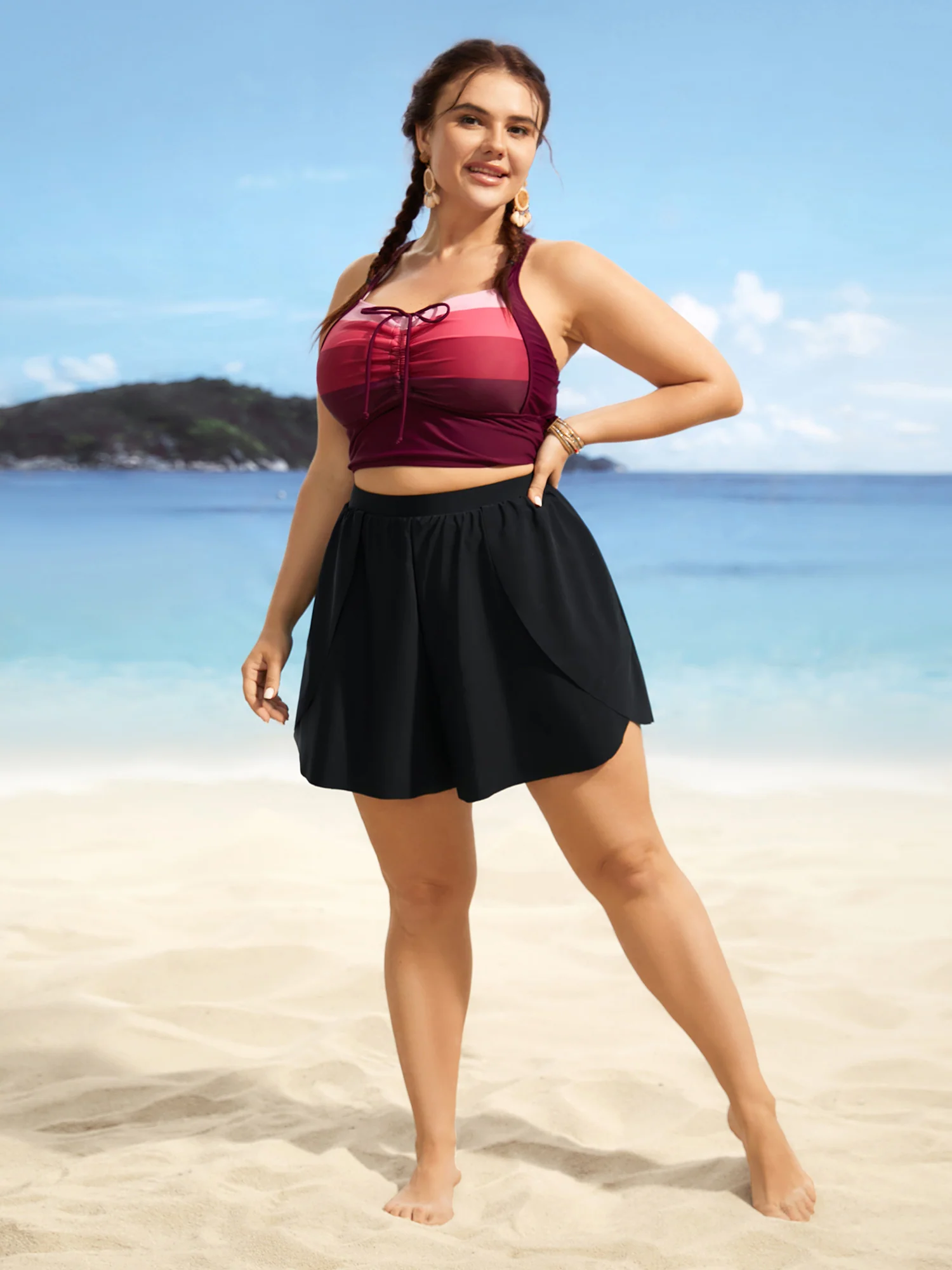 Solid High Rise Overlapped Hem Swim Short - Image 3