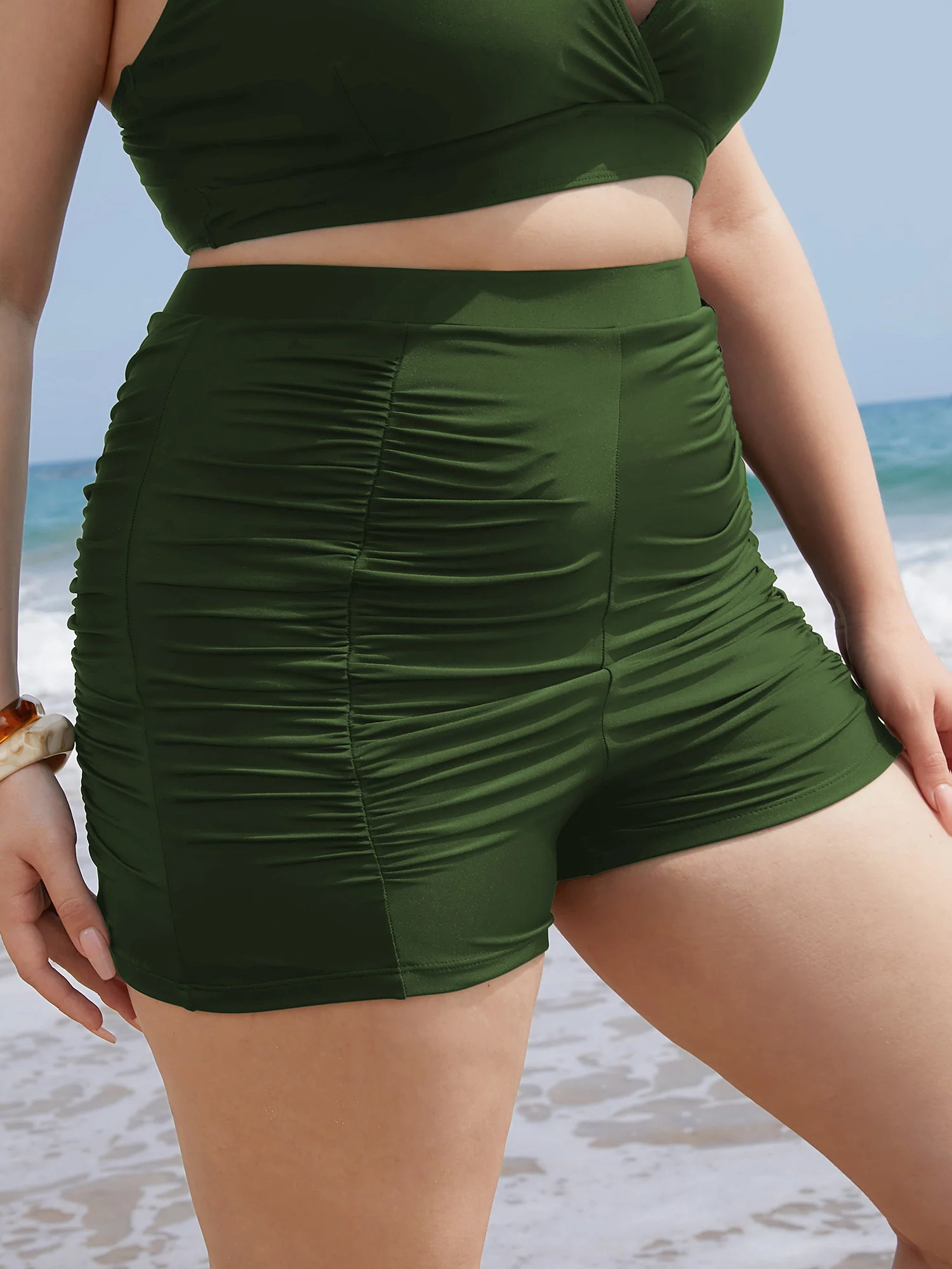 Solid High Waist Ruched Detail Swim Shorts - Image 3