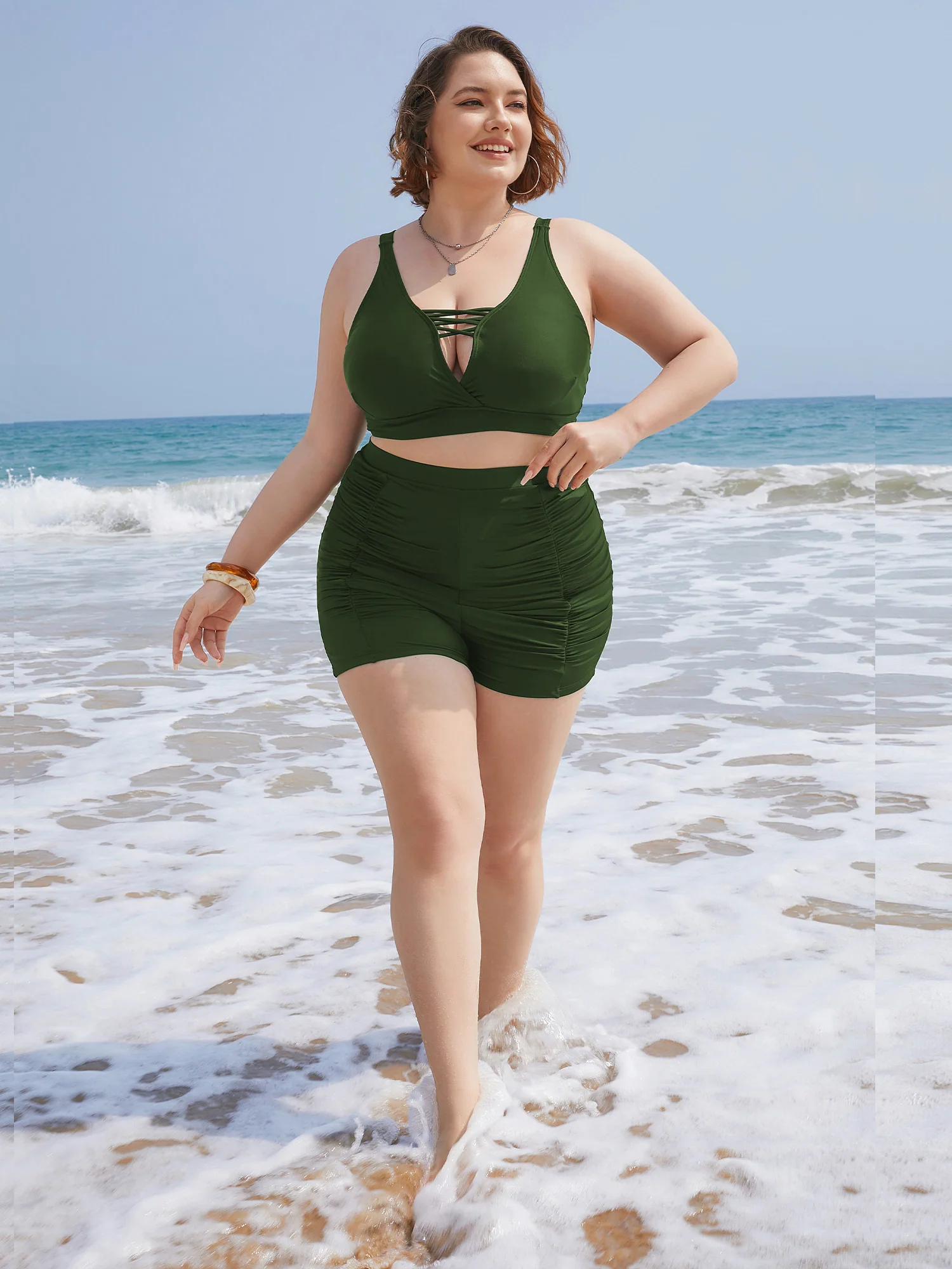 Solid High Waist Ruched Detail Swim Shorts - Image 5