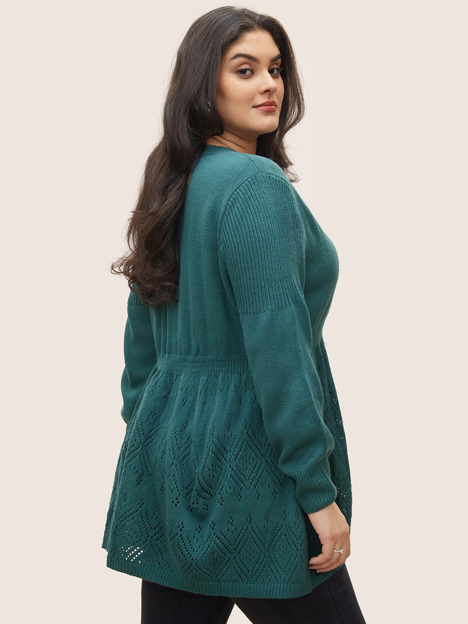 Solid Hollow Out Elastic Waist Knit Pullover - Image 2
