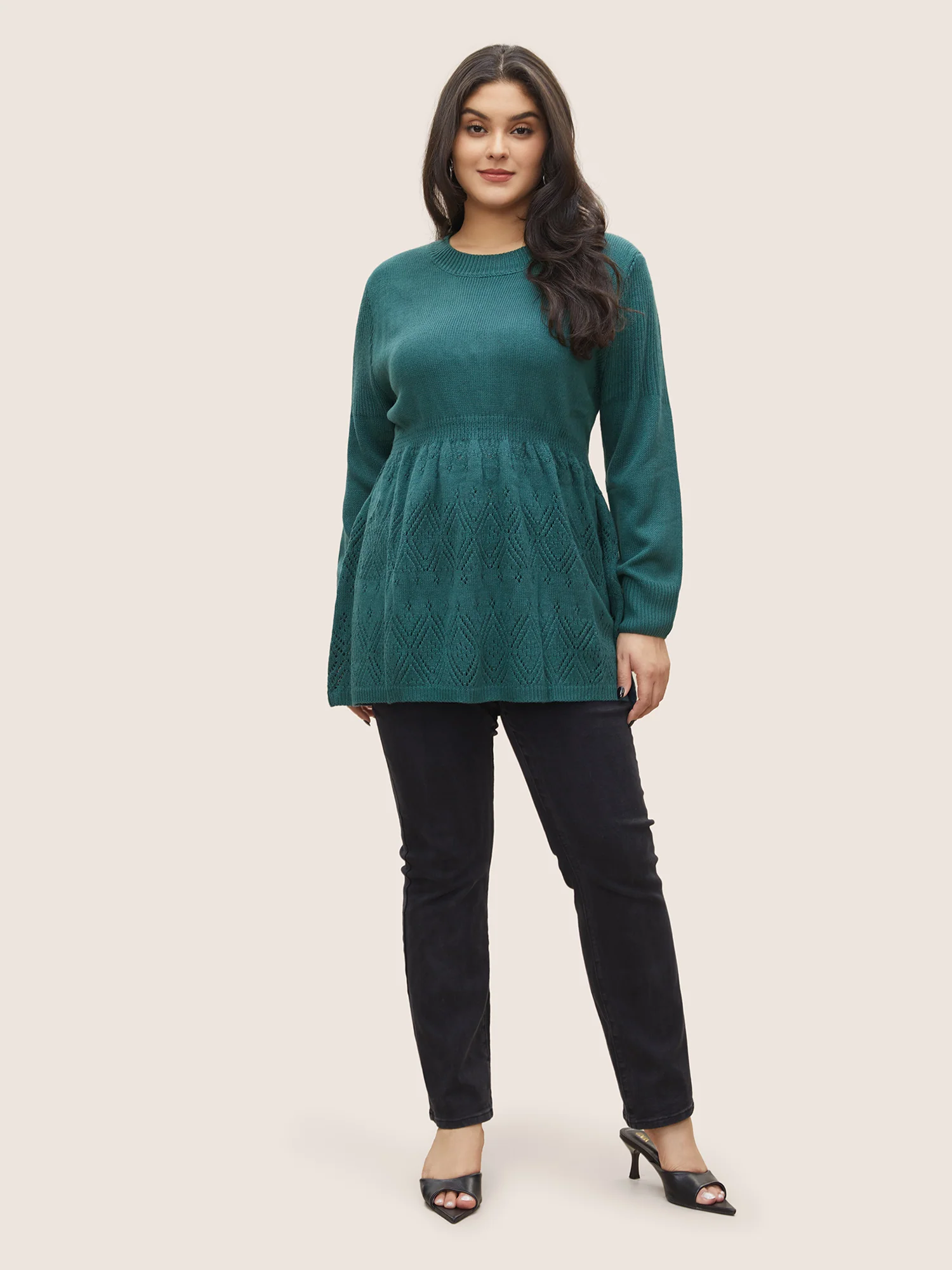 Solid Hollow Out Elastic Waist Knit Pullover - Image 3