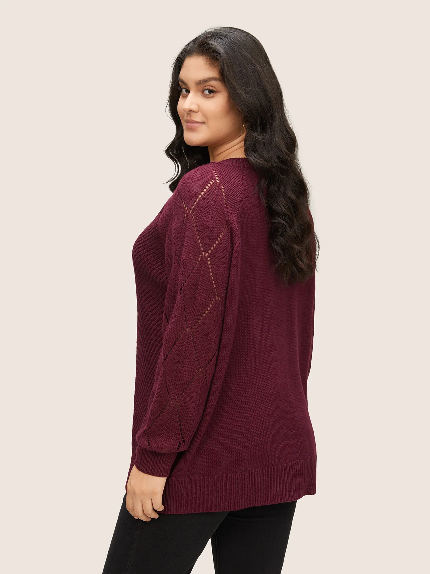Solid Hollow Out Raglan Sleeve Pullover - Image 2