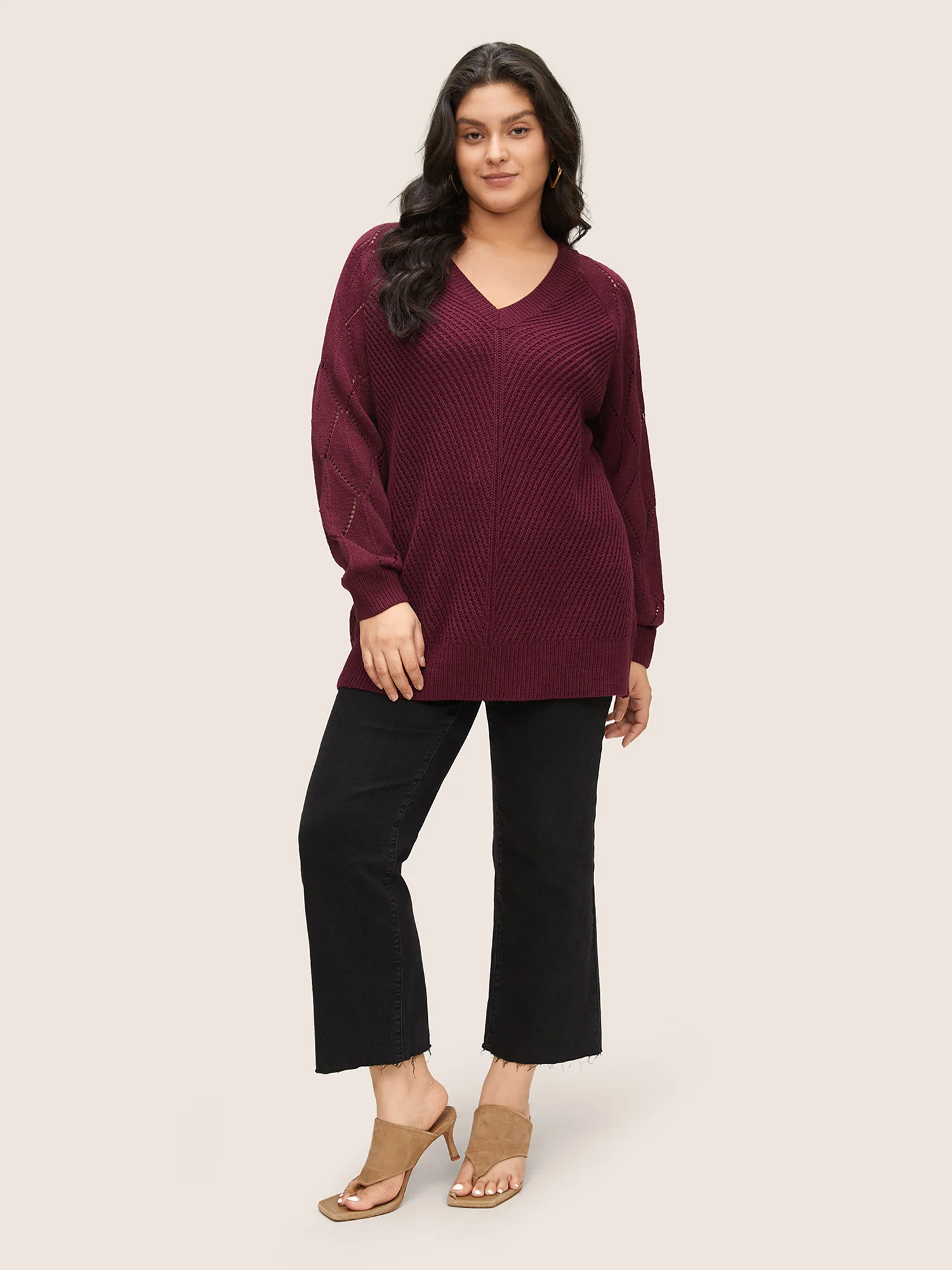 Solid Hollow Out Raglan Sleeve Pullover - Image 3